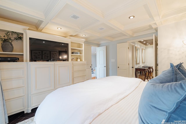 bedroom with visible vents, beamed ceiling, coffered ceiling, and crown molding