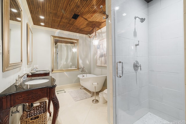 bathroom featuring tile patterned floors, a stall shower, a freestanding bath, wood ceiling, and vanity