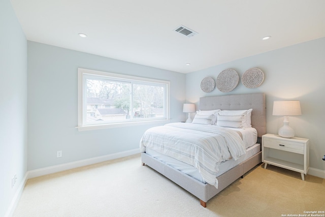 carpeted bedroom featuring visible vents, recessed lighting, and baseboards