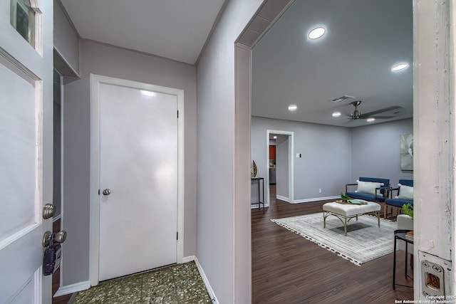 entrance foyer with visible vents, wood finished floors, recessed lighting, baseboards, and ceiling fan