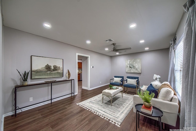 living room featuring visible vents, recessed lighting, a ceiling fan, and wood finished floors