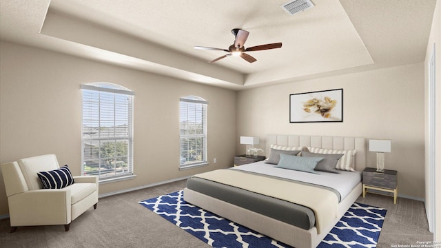 carpeted bedroom with visible vents, a raised ceiling, and baseboards