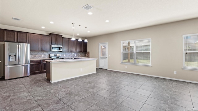 kitchen with visible vents, backsplash, appliances with stainless steel finishes, and light countertops