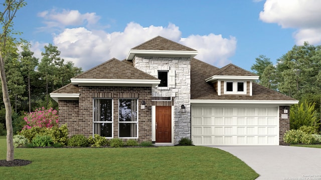 view of front of property with stone siding, driveway, a front lawn, and a shingled roof