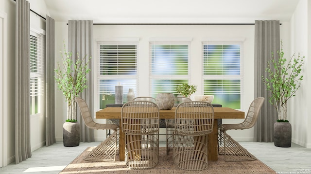 dining space with baseboards and wood finished floors