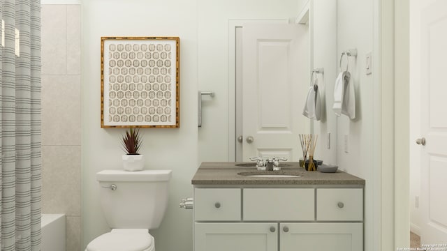 full bathroom featuring shower / bath combination with curtain, toilet, and vanity