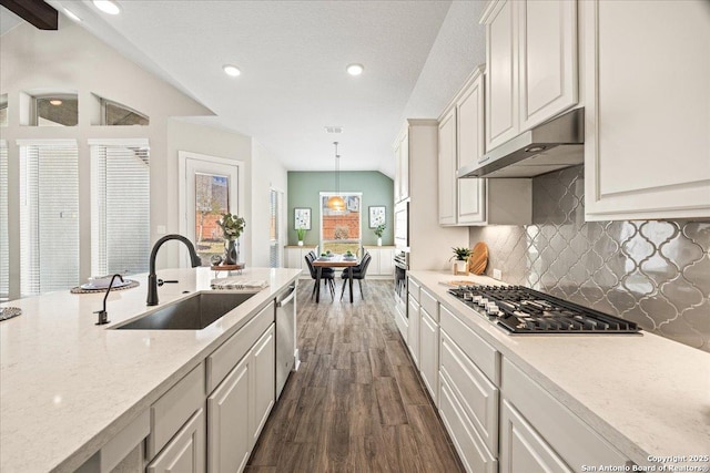 kitchen featuring under cabinet range hood, dark wood finished floors, lofted ceiling, appliances with stainless steel finishes, and a sink