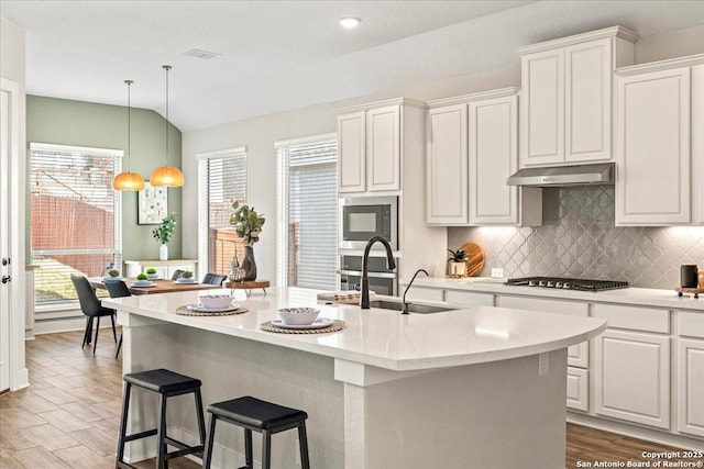 kitchen with lofted ceiling, a sink, stainless steel appliances, under cabinet range hood, and tasteful backsplash