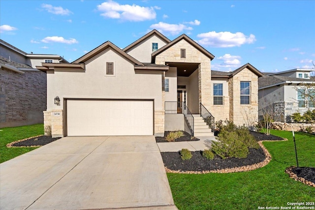 view of front of property with stucco siding, stone siding, concrete driveway, a front yard, and a garage