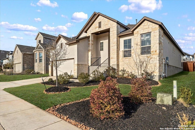 view of front of home with concrete driveway, a front yard, stucco siding, stone siding, and an attached garage