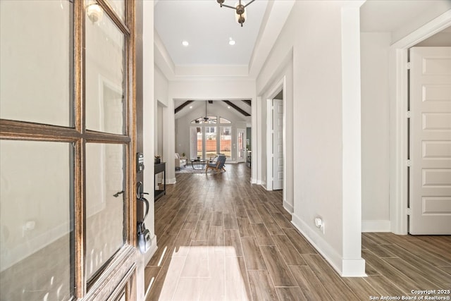 foyer entrance featuring recessed lighting, baseboards, and wood tiled floor