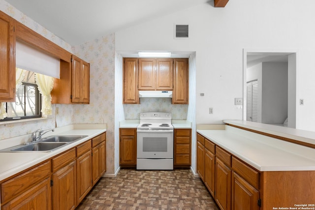 kitchen with wallpapered walls, a sink, vaulted ceiling, electric stove, and under cabinet range hood