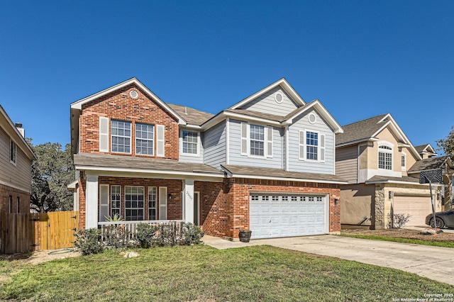 view of front of home featuring fence, a porch, an attached garage, concrete driveway, and brick siding