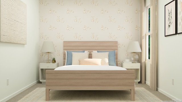 bedroom featuring baseboards, light colored carpet, and wallpapered walls