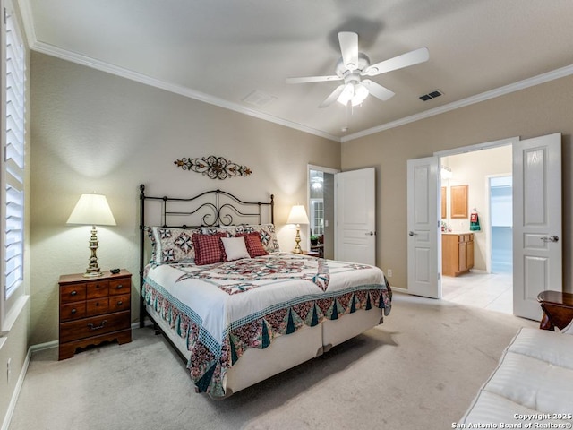 bedroom with visible vents, baseboards, light colored carpet, and crown molding