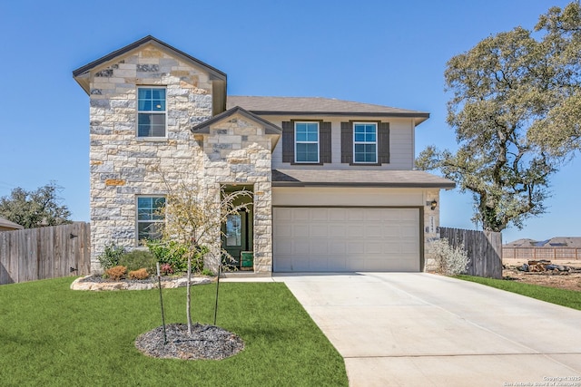 view of front of home with an attached garage, fence, stone siding, and driveway