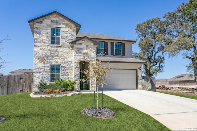 view of front of home with stone siding, an attached garage, and fence