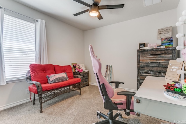 office featuring baseboards, carpet floors, and ceiling fan