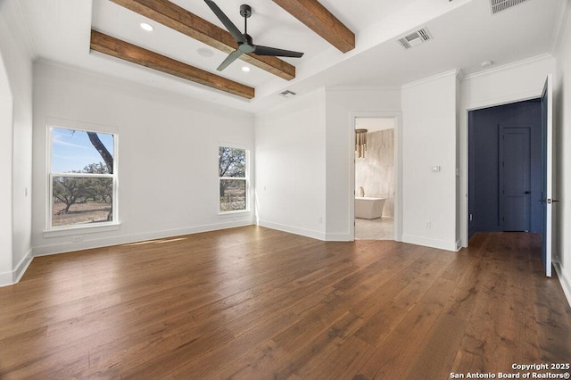 interior space featuring visible vents, baseboards, hardwood / wood-style floors, beam ceiling, and a ceiling fan