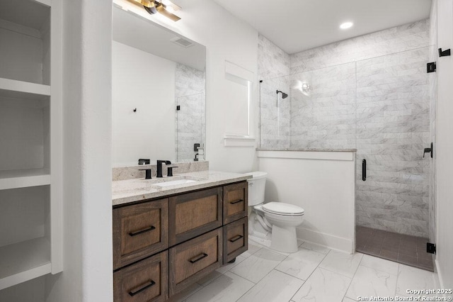 full bath with vanity, visible vents, a shower stall, toilet, and marble finish floor