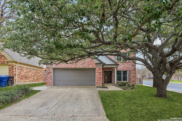 view of front of property featuring concrete driveway, a garage, brick siding, and a front lawn