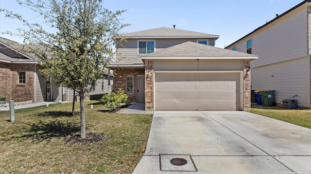 view of front facade featuring driveway, roof with shingles, an attached garage, a front lawn, and brick siding