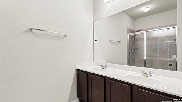 bathroom featuring double vanity, a shower stall, and a sink