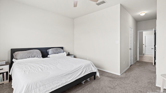 bedroom featuring visible vents, ceiling fan, baseboards, and carpet