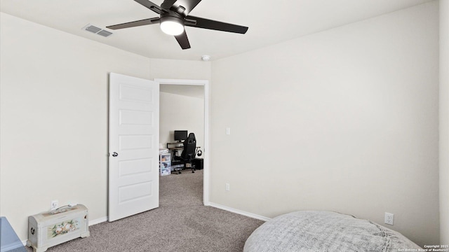 bedroom featuring visible vents, ceiling fan, baseboards, and carpet