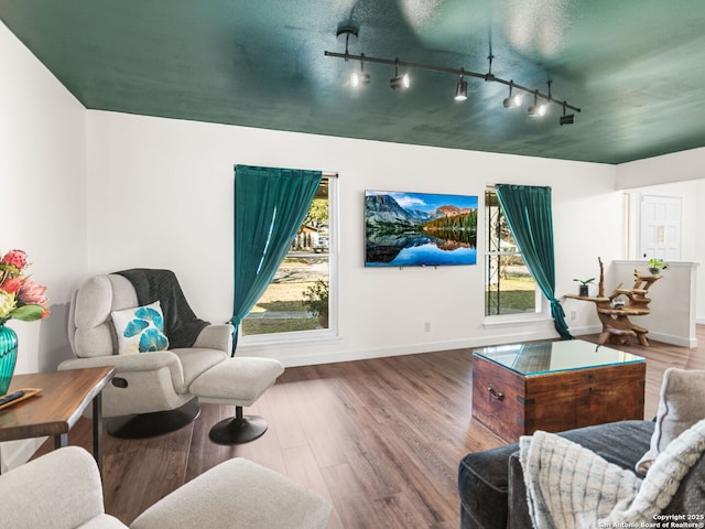 living area with track lighting, wood finished floors, and baseboards