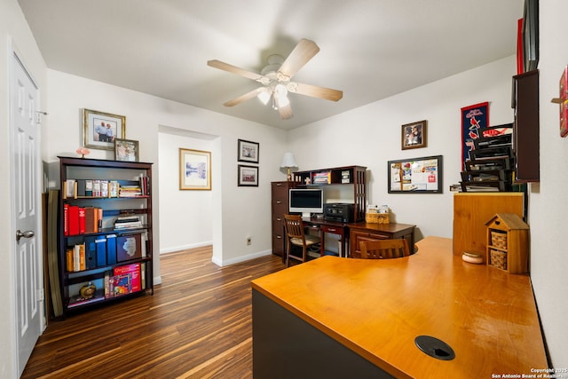 office with baseboards, ceiling fan, and dark wood finished floors