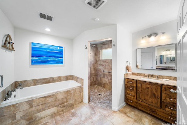 full bath featuring a bath, visible vents, vanity, and tiled shower