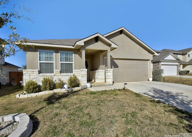 single story home with stone siding, stucco siding, and driveway