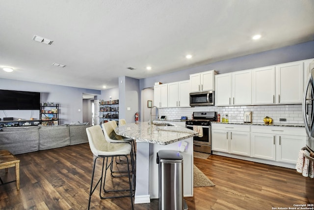 kitchen featuring dark wood-type flooring, a sink, light stone counters, open floor plan, and stainless steel appliances