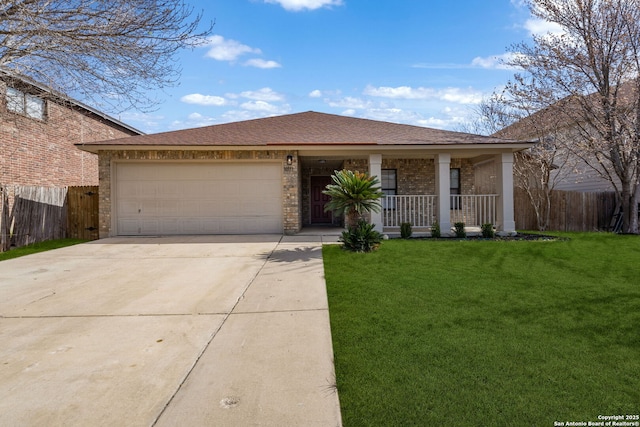 ranch-style house with driveway, brick siding, a front lawn, and fence