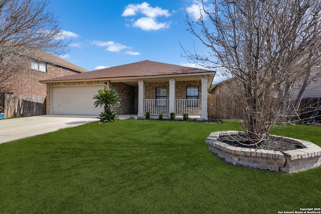 view of front of home with a front lawn, fence, covered porch, concrete driveway, and brick siding