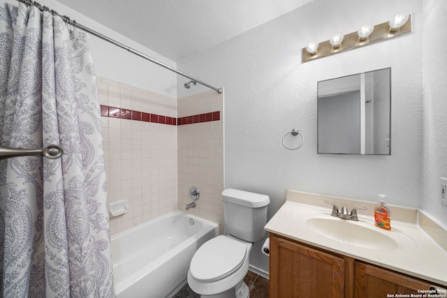 full bath with vanity, shower / bathtub combination with curtain, a textured ceiling, toilet, and a textured wall