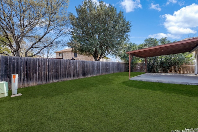 view of yard with a patio area and a fenced backyard