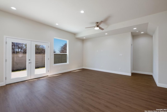 spare room with dark wood-type flooring, recessed lighting, french doors, and ceiling fan