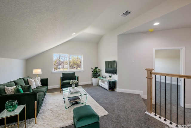 carpeted living room with visible vents, baseboards, lofted ceiling, recessed lighting, and a textured ceiling