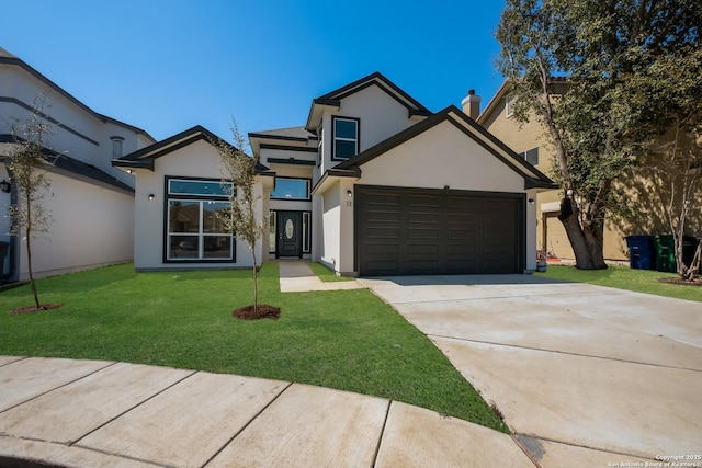 view of front of house with stucco siding, driveway, a front lawn, an attached garage, and a chimney