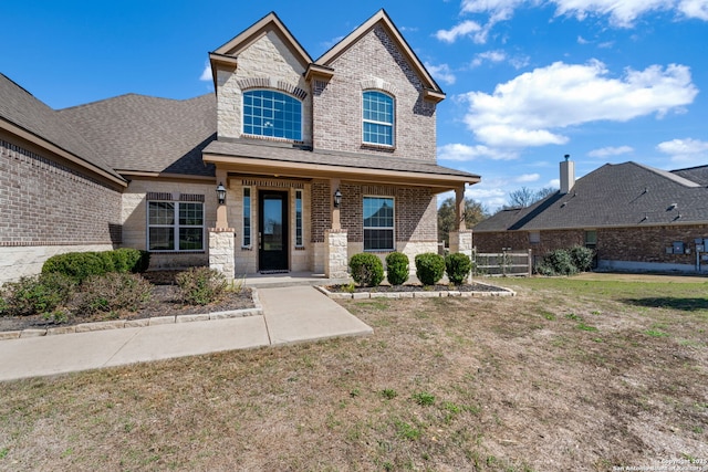 french country style house featuring brick siding, stone siding, a front yard, and fence