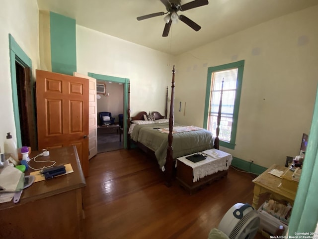 bedroom with a ceiling fan and wood finished floors