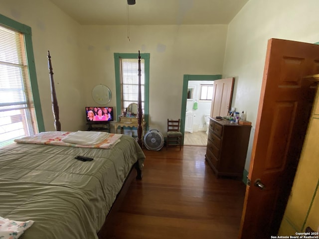 bedroom with multiple windows, connected bathroom, and wood finished floors