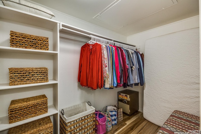 spacious closet with attic access and wood finished floors