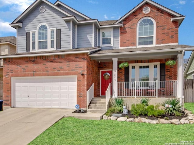 view of front facade with brick siding, covered porch, driveway, and an attached garage