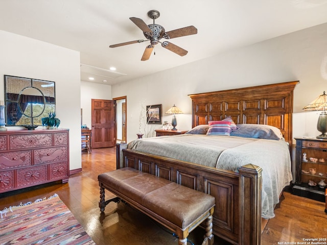 bedroom with recessed lighting, ceiling fan, and hardwood / wood-style flooring