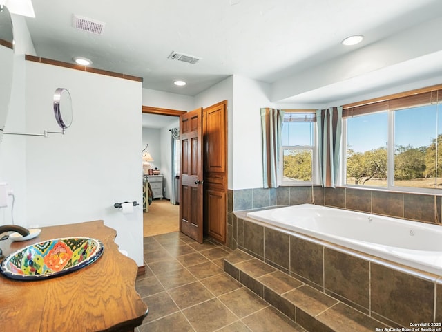 full bathroom with a bath, visible vents, tile patterned flooring, and recessed lighting