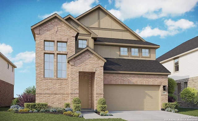 view of front of house with an attached garage, brick siding, driveway, and a shingled roof