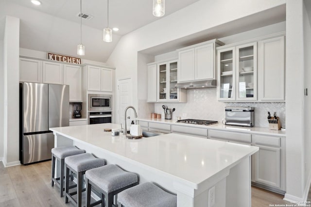 kitchen with an island with sink, a sink, under cabinet range hood, appliances with stainless steel finishes, and backsplash